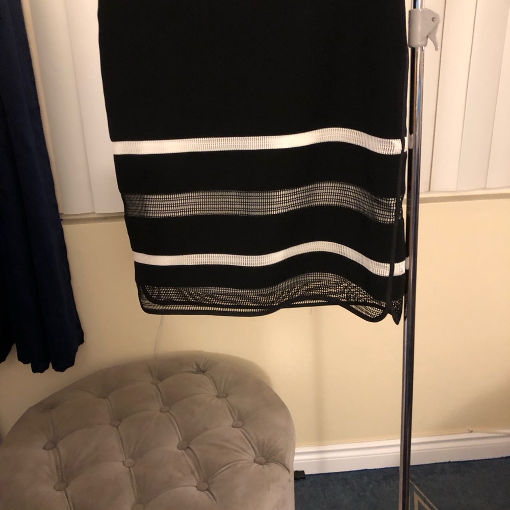 White House Black Market Black Midi Skirt with White Stripe and Mesh Hem